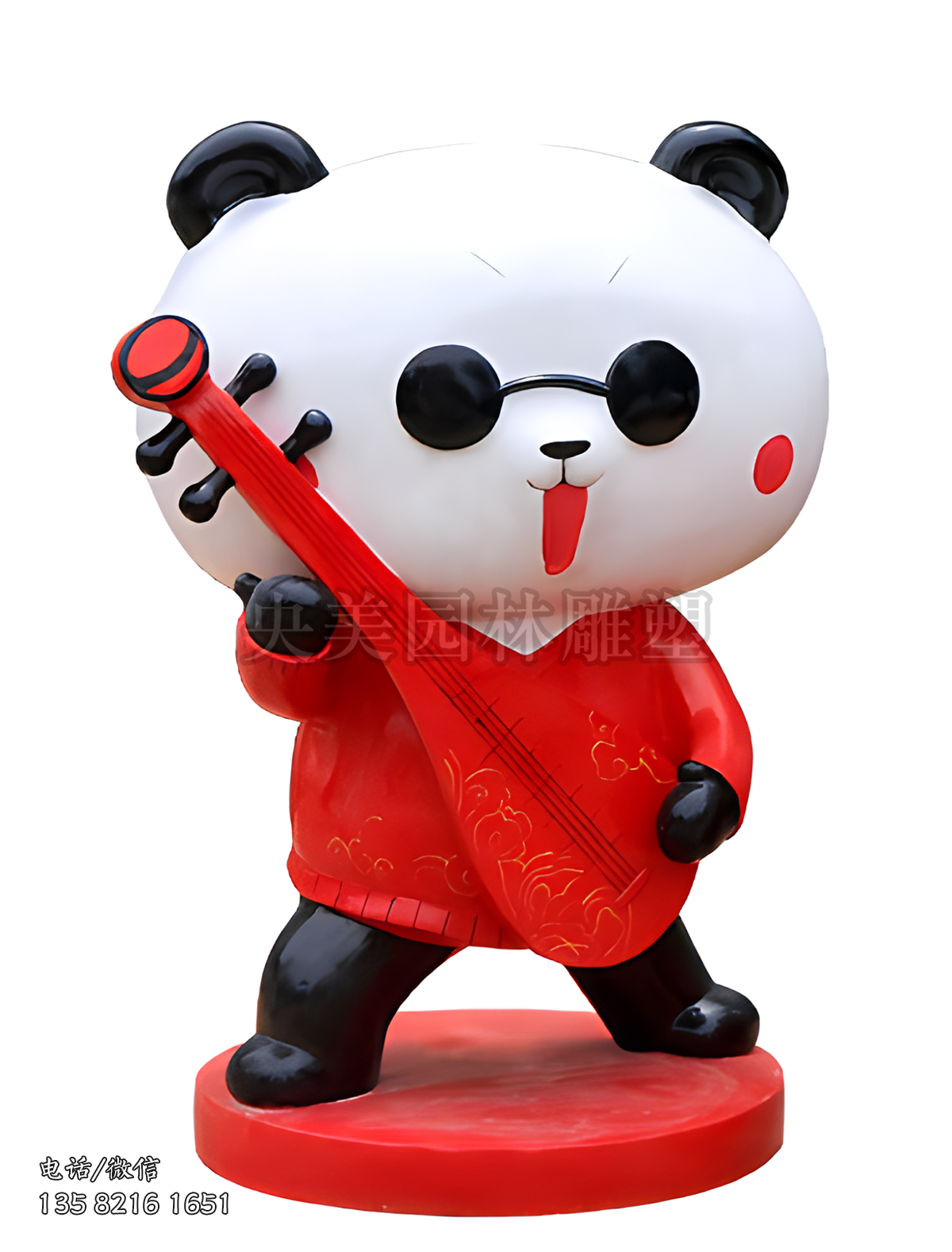 中國紅系列彈琵琶的卡通熊貓雕塑