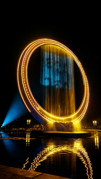 鏤空發光不銹鋼水幕圓環雕塑